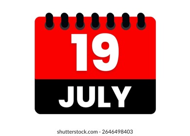 19 julho mês vetor dia único, ilustração, calendário com vermelho, preto e branco ícone de calendário de fundo de cor de julho 19