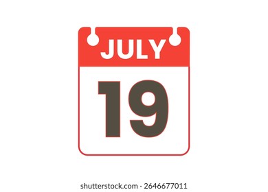 19 julho mês vetor dia único, ilustração, calendário com vermelho, preto e branco ícone de calendário de fundo de cor de julho 19