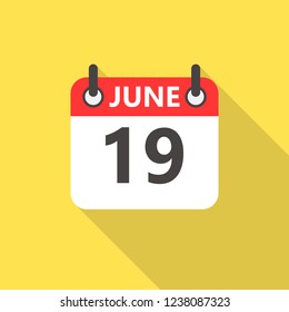 19 june calendar flat style icon with long shadow.