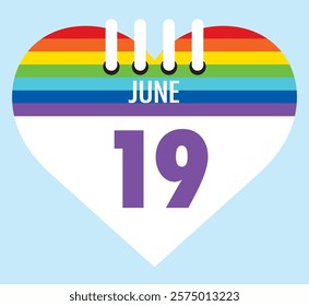 19 June calendar icon pride color heart shape on light sky blue color background, calendar vector symbol for the month of  June.