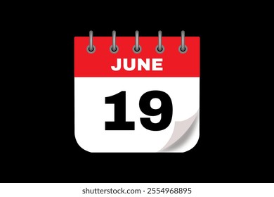 19 June calendar icon text page monthly web design on red, white and black background vector, icon, or illustration with the month of June 19