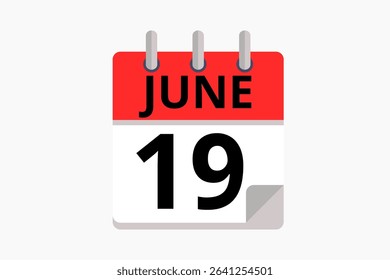 19 June calendar icon text page monthly web design on red, black and white background vector, icon, or illustration with the month of June 19