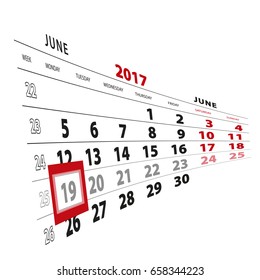 19 June highlighted on calendar 2017. Week starts from Monday. Vector Illustration.