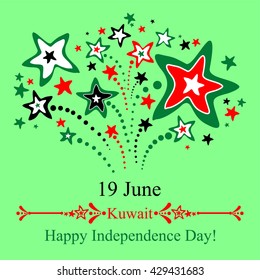 19 June Kuwait Independence Day. Kuwait National Day Celebration Card. Celebration fireworks in Colors of the National Flag. Vector Illustration 