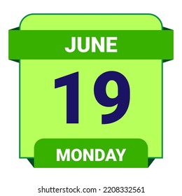 19 June, Monday. Date template. Useful design for calendar or event promotion. Vector illustration EPS 10 File. Isolated on white background.
