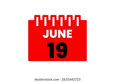 19 de junio mes Vector de un solo día, ilustración, calendario con el icono de calendario de fondo rojo, negro y blanco del 19 de junio