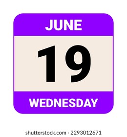 19 de junio, miércoles. Plantilla de fecha. Diseño útil para la promoción de calendarios o eventos. Ilustración vectorial Archivo EPS 10. Aislado sobre fondo blanco. 
