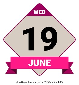 19 de junio, miércoles. Plantilla de fecha. Diseño útil para la promoción de calendarios o eventos. Ilustración vectorial Archivo EPS 10. Aislado sobre fondo blanco. 