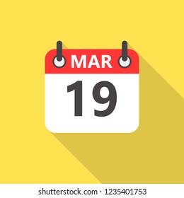 19 march calendar flat style icon with long shadow.