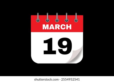 19 March calendar icon text page monthly web design on red, white and black background vector, icon, or illustration with the month of March 19
