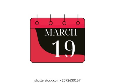 19 March calendar icon text page monthly web design on red, black and white background vector, icon, or illustration with the month of March 19