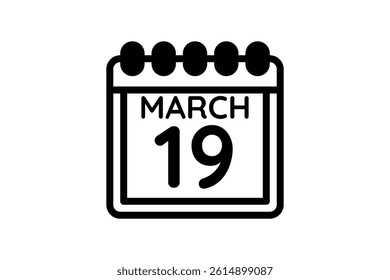 19 March calendar icon text page monthly web design on black and white background vector, icon, or illustration with the month of March 19