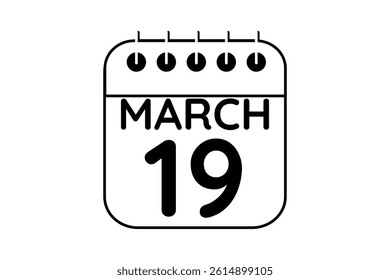 19 March calendar icon text page monthly web design on black and white background vector, icon, or illustration with the month of March 19