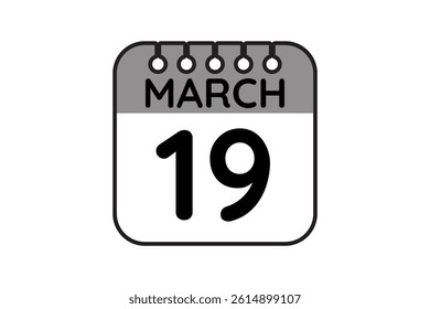 19 March calendar icon text page monthly web design on black and white background vector, icon, or illustration with the month of March 19