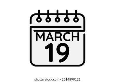 19 March calendar icon text page monthly web design on black and white background vector, icon, or illustration with the month of March 19
