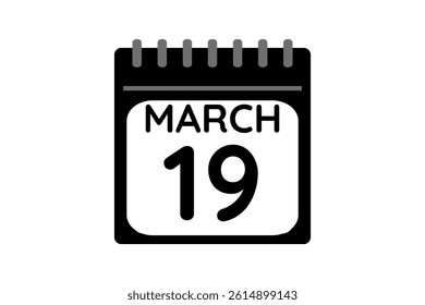 19 March calendar icon text page monthly web design on black and white background vector, icon, or illustration with the month of March 19