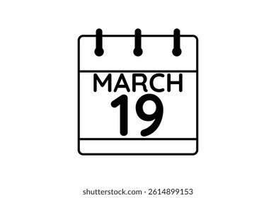 19 March calendar icon text page monthly web design on black and white background vector, icon, or illustration with the month of March 19