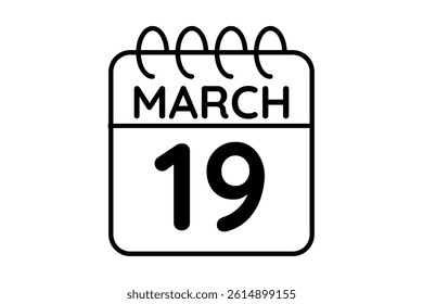 19 March calendar icon text page monthly web design on black and white background vector, icon, or illustration with the month of March 19