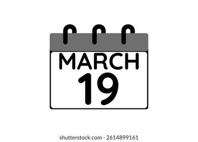 19 March calendar icon text page monthly web design on black and white background vector, icon, or illustration with the month of March 19