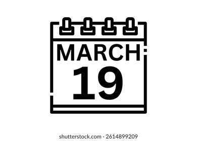 19 March calendar icon text page monthly web design on black and white background vector, icon, or illustration with the month of March 19