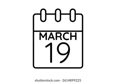 19 March calendar icon text page monthly web design on black and white background vector, icon, or illustration with the month of March 19