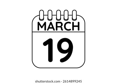 19 March calendar icon text page monthly web design on black and white background vector, icon, or illustration with the month of March 19