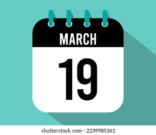 19 March calendar icon. Vector black for the month of March with shadow effect