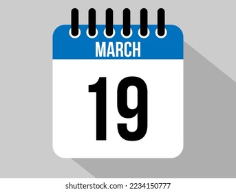 19 March calendar vector icon. Blue March date for the days of the month and the week on a light background