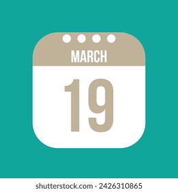 19 March calendar vector icon. White March date for the days of the month and the week on a light background