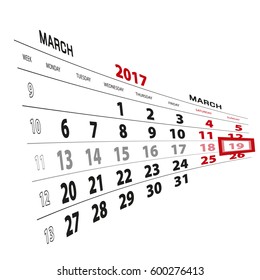 19 March highlighted on calendar 2017. Week starts from Monday. Vector Illustration.