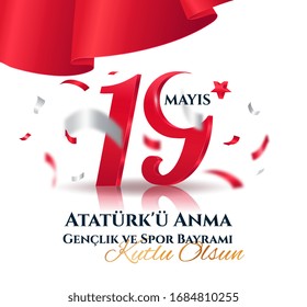 19 May Beginnig of the Turkish war of Independence, Youth and Sports Day holiday celebration card design. Vector Illustration. Trranslation Commemoration of Ataturk Youth and Sports Day.