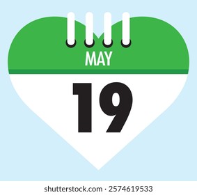 19 May calendar icon green heart shape on light sky blue color background, calendar vector symbol for the month of May.