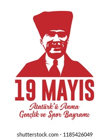 19 may Commemoration of Ataturk, Youth and Sports Day. Text: 19 May Commemoration of Ataturk, Youth and Sports Day. Portrait of M.K. Ataturk.