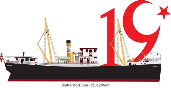 19 May Commemoration of Ataturk, Youth and Sports Day, Ship Illustration Vector, Bandirma Ship