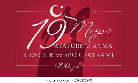 19 May the Commemoration of Atatürk, Youth and Sports Day (Turkish Speak: 19 Mayis Ataturk'u Anma, Genclik ve Spor Bayrami) Vector Illustration