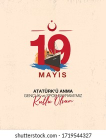 19 May Commemoration of Atatürk Youth and Sports Day Illustration with the Ferry 'Bandırma' 