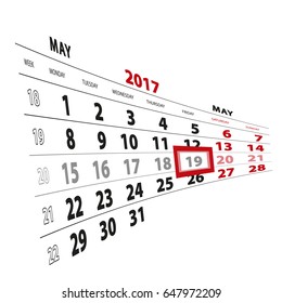 19 May highlighted on calendar 2017. Week starts from Monday. Vector Illustration.
