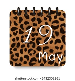 19 May. Leopard print calendar daily icon. White letters. Date day week Sunday, Monday, Tuesday, Wednesday, Thursday, Friday, Saturday.