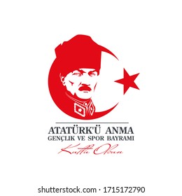 19 may Turkish national holiday illustration banner mayis Ataturk Anma, Genclik ve Spor Bayrami, tr: 19 may Commemoration Ataturk, Youth and Sports Day, isolated on White design Turkish holiday card