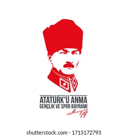 19 may Turkish national holiday illustration banner mayis Ataturk'u Anma, Genclik ve Spor Bayrami, tr: 19 may Commemoration Ataturk, Youth and Sports Day, isolated on White design Turkish holiday card