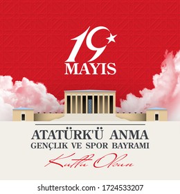 19 may Turkish national holiday illustration banner mayis Ataturk'u Anma, Genclik ve Spor Bayrami, tr: 19 may Commemoration Ataturk, Youth and Sports Day, isolated on White design Turkish holiday card