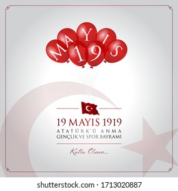 19 mayis Ataturk’u anma, genclik ve spor bayrami vector illustration. (19 May, Commemoration of Ataturk, Youth and Sports Day Turkey celebration card.)