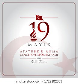 19 de mayo de 1919 Conmemoración de Ataturk, Día de la Juventud y los Deportes, diseño gráfico para la fiesta turca. Ilustración vectorial.