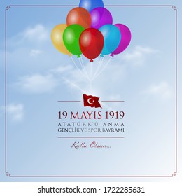 19 mayis Ataturk’u anma, genclik ve spor bayrami vector illustration. (19 May, Commemoration of Ataturk, Youth and Sports Day Turkey celebration card.)