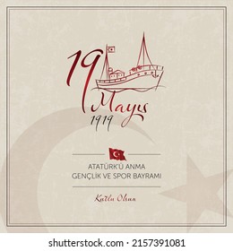 19 de mayo, tarjeta de celebración de la conmemoración de Ataturk, Día de la Juventud y el Deporte en Turquía. TR: 19 mayis Ataturk’u anma, genclik ve spor bayrami, kutlu olsun.