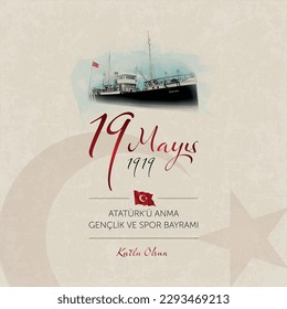 19 mayis Ataturk’u anma, genclik ve spor bayrami vector illustration. (19 May, Commemoration of Ataturk, Youth and Sports Day Turkey celebration card.)