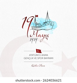19 mayis Ataturk’u anma, genclik ve spor bayrami ilustração vetorial. (19 de maio, Comemoração de Ataturk, Dia da Juventude e do Esporte Turquia cartão de celebração.)
