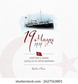 19 mayis Ataturk’u anma, genclik ve spor bayrami ilustração vetorial. (19 de maio, Comemoração de Ataturk, Dia da Juventude e do Esporte Turquia cartão de celebração.)