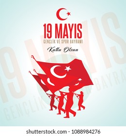 19 mayis Ataturk'u anma, genclik ve spor bayrami. Translation from turkish: 19th may commemoration of Ataturk, youth and sports day. Turkish holiday greeting card vector illustration.