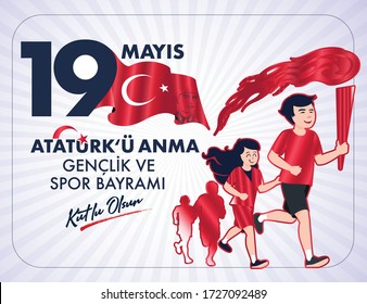 19 Mayis Ataturk'u Anma, Genclik ve Spor Bayrami translation: 19 may Commemoration of Ataturk, Youth and Sports Day, graphic design to the Turkish holiday.